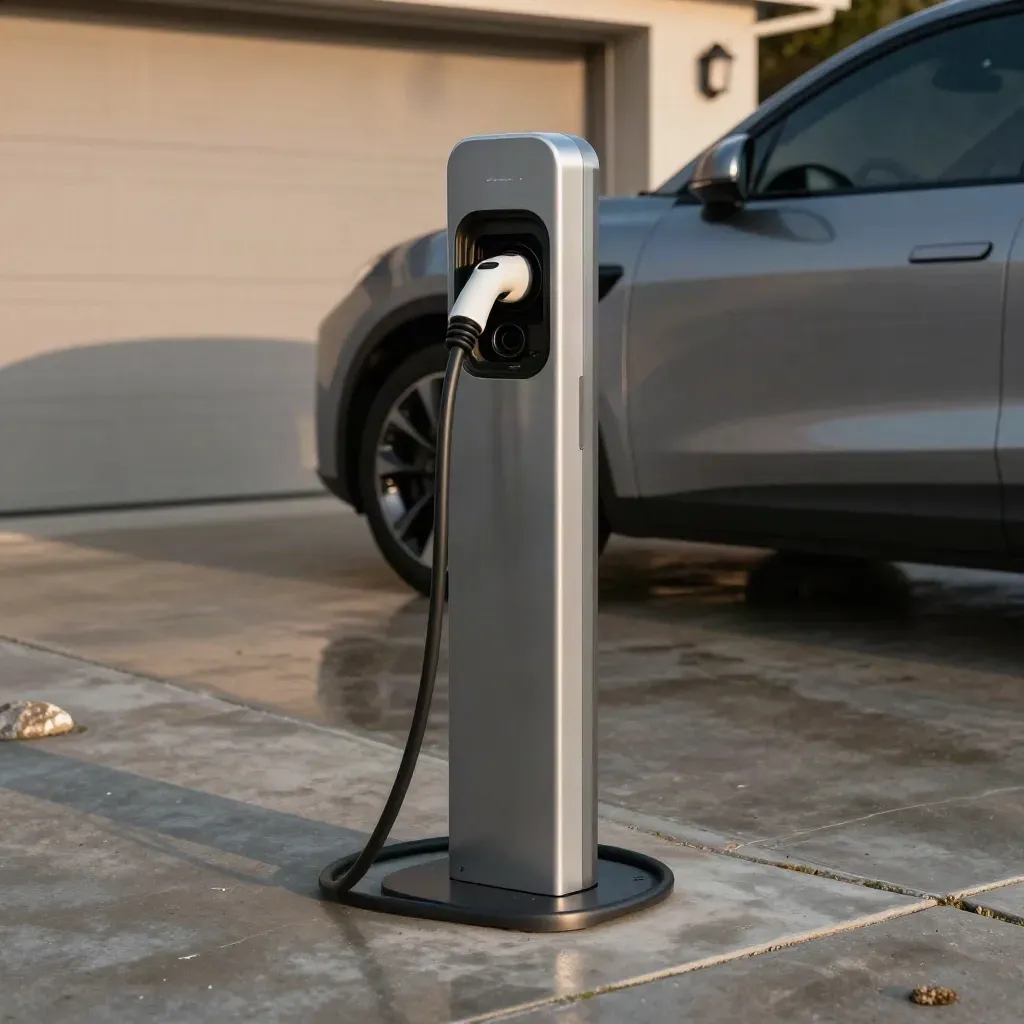 EV charger pedestal plugged into a parked electric car on a sunlit driveway.