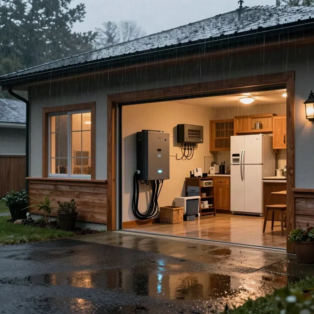 Storm-lit home with backup battery system glowing in a garage during an outage.