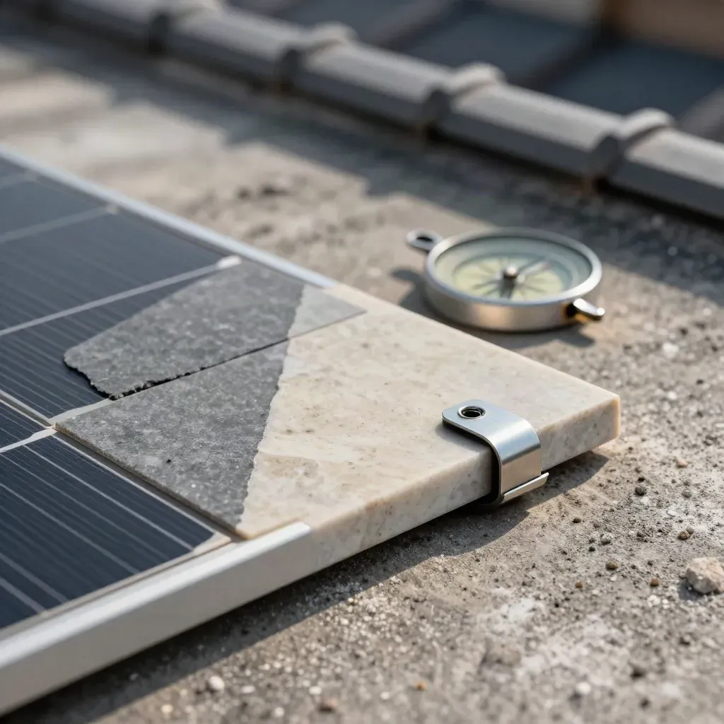 Rooftop solar design macro with tile sample, module corner, compass, and rail clamp on travertine.