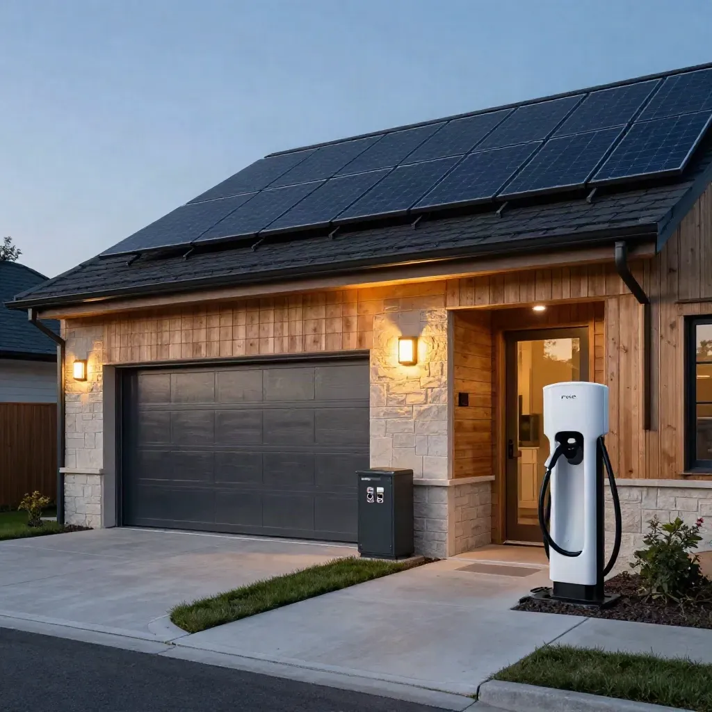 Blue-hour new-build home with rooftop solar, battery cabinet, and EV charger by the driveway.