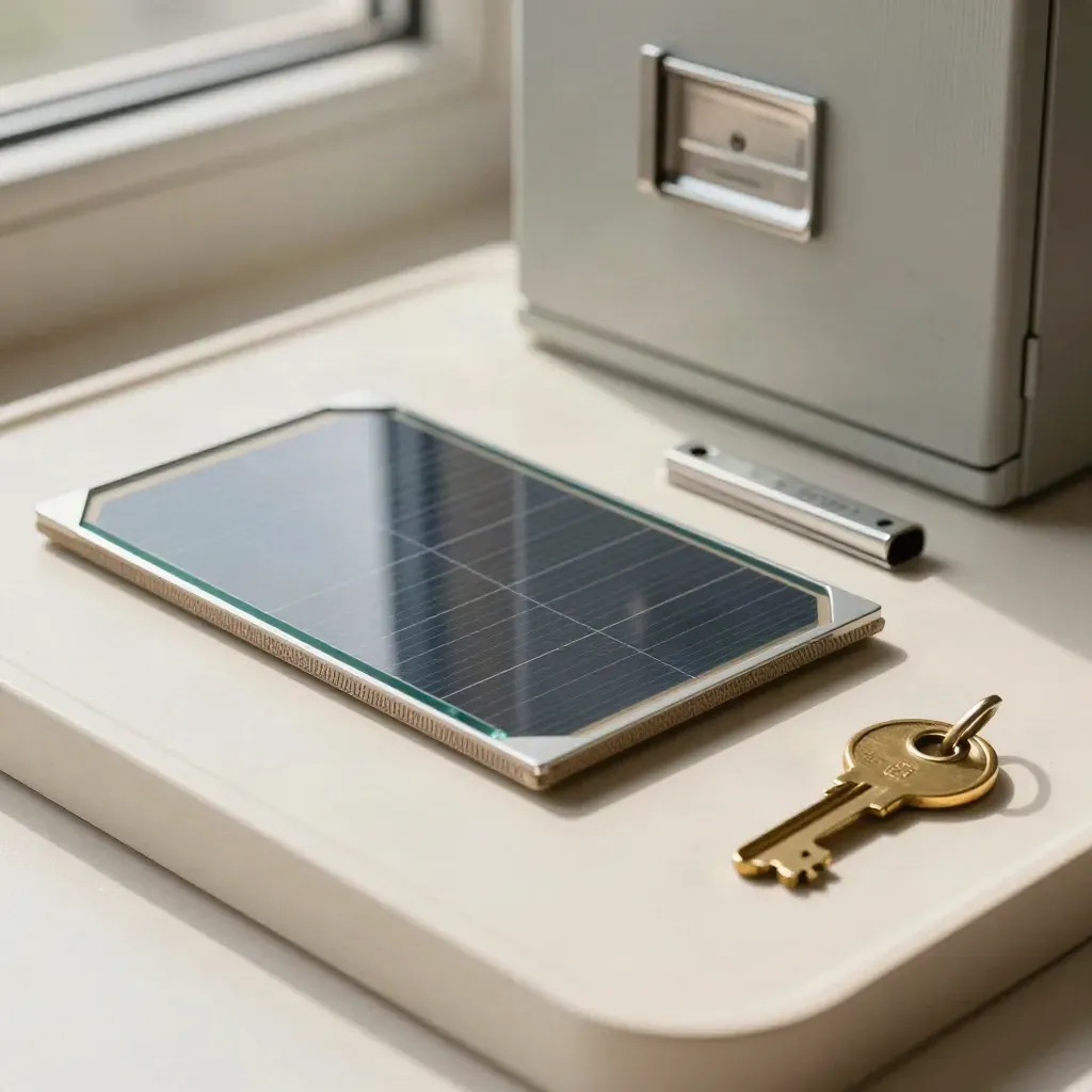 Solar module sample with battery swatch, rail clip, and key token on a pale tray.